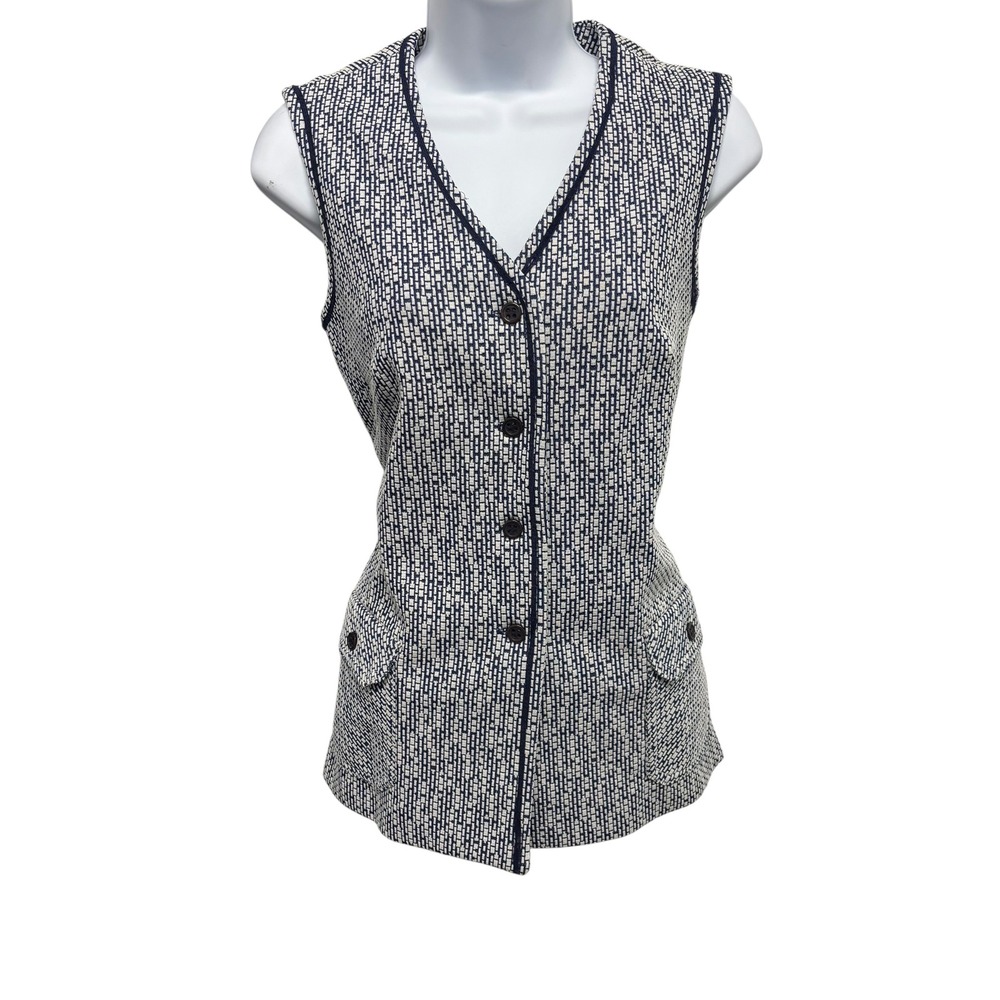 Vintage Periphery Navy‎ White Geometric Knit Button Front Tunic Vest Pockets Sm